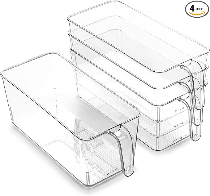BINO l Plastic Storage Bins l THE HOLDER COLLECTION l 4-Pack, Medium Multi-Use Clear Containers for Organizing with Built-in Handles l Pantry Organization & Storage l Kitchen Organizer l Storage Bins
