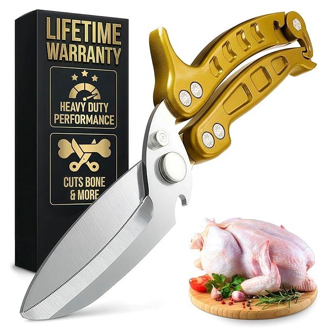 Heavy Duty Poultry Shears – Kitchen Shears Dishwasher Safe, Spring-Loaded, 3Cr14 Steel, Micro-Serrated, Separates for Easy Cleaning | Bone Scissors for Chicken, Turkey, Seafood & Fish Scale (Gold)