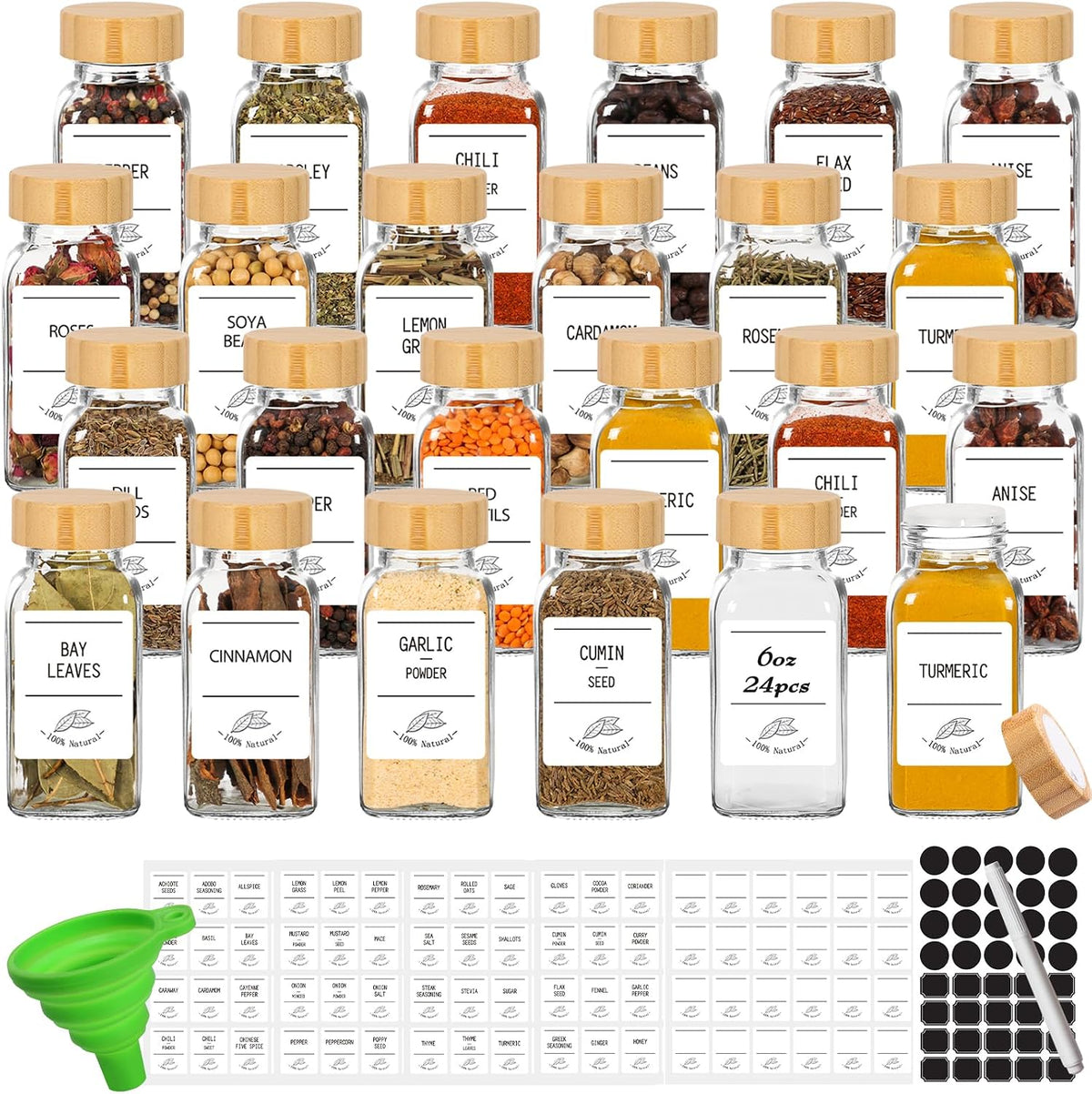 24 Pack 6 oz Glass Spice Jars with Bamboo Lids