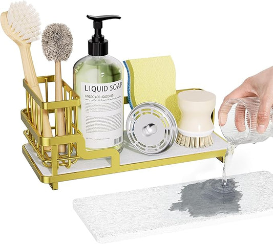 Consumest Sponge Holder for Kitchen Sink - Sink Caddy Organizer with Water Absorbing Stone Tray, Detachable Brush Holder