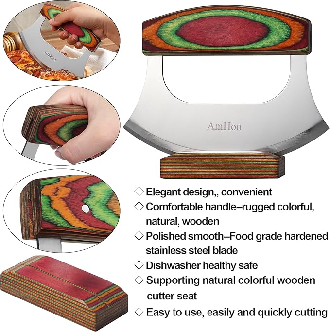 AmHoo Pizza Cutter 6.5 Inch Chef Mezzaluna Ulu Knife Handle Color Wood Grip Sharp Rocker Slicer Stainless Steel Blade Salad Onion Vegetable Chopper with Holder Base Christmas Gifts