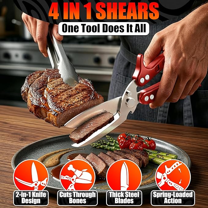 Heavy Duty Poultry Shears – Kitchen Shears Dishwasher Safe, Spring-Loaded, 3Cr14 Steel, Micro-Serrated, Separates for Easy Cleaning | Bone Scissors for Chicken, Turkey, Seafood & Fish Scale (Red)
