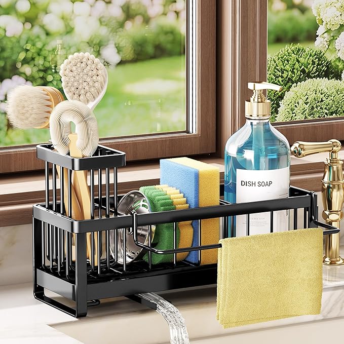 SWTYMIKI Sponge Holder for Kitchen Sink - Sink Caddy with Brush Holder Self-draining Sponge Caddy Organizer with Divider Stainless Steel Kitchen Accessories Storage for Countertop, Black - Large