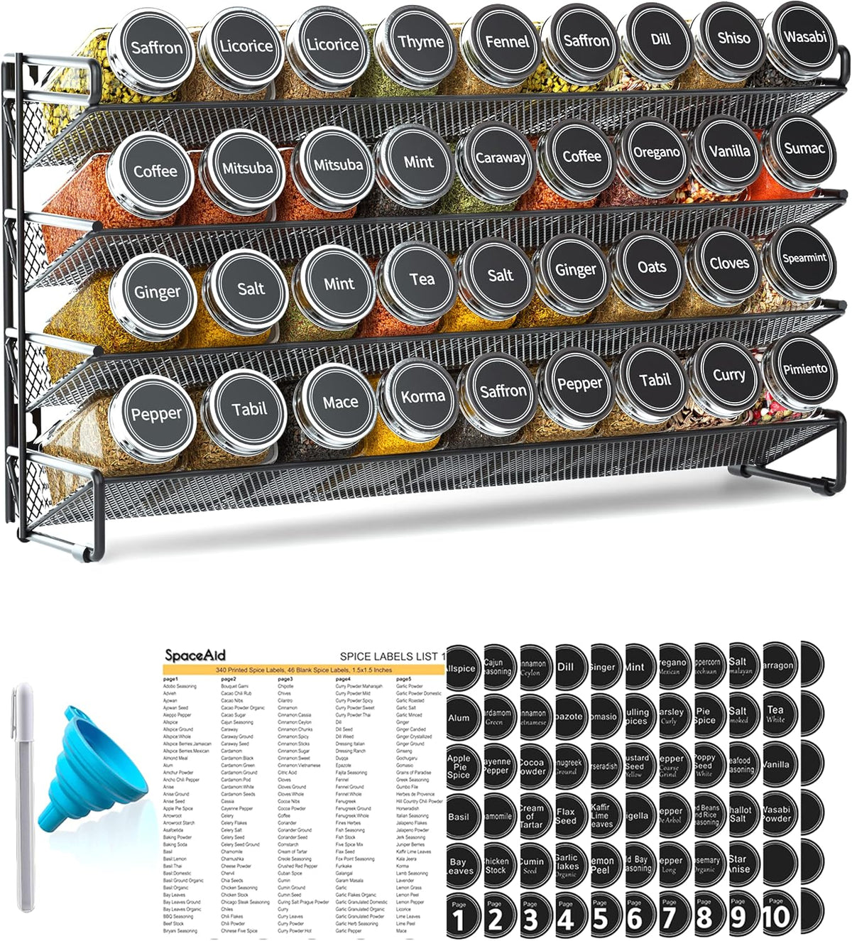 Spice Rack Organizer with 36 Spice Jars, 386 Spice Labels, Chalk Marker and Funnel Set for Cabinet, Countertop, Pantry, Cupboard or Door & Wall Mount - 36 Jars, 17.2" W × 10.8" H, Black