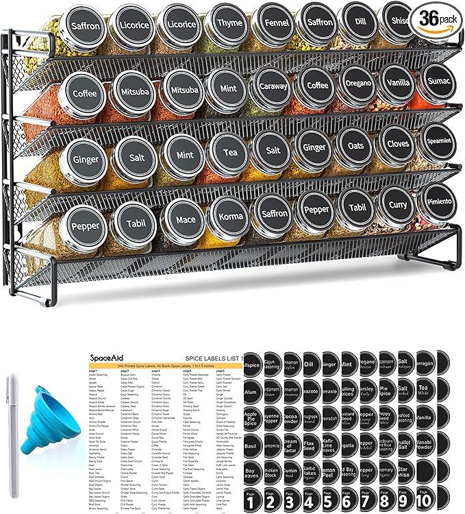 SpaceAid Spice Rack Organizer with 36 Spice Jars, 386 Spice Labels, Chalk Marker and Funnel Set for Cabinet, Countertop, Pantry, Cupboard or Door & Wall Mount - 36 Jars, 17.2" W × 10.8" H, Black