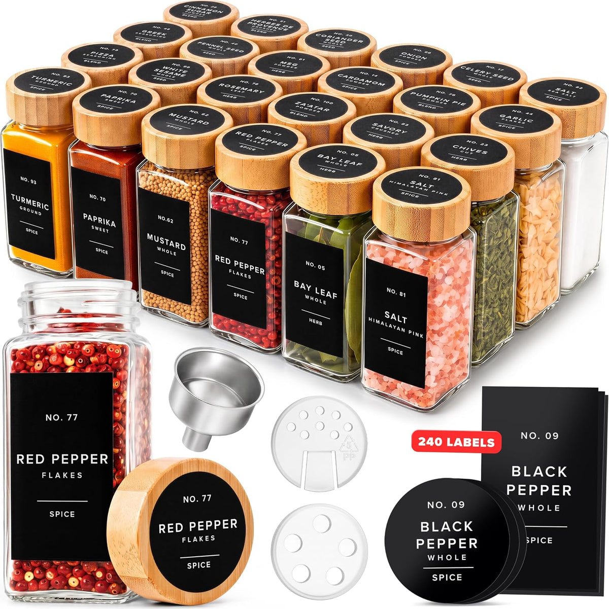 Glass Spice Jars with Label, 24x Bamboo Wooden Lids - Black Labels