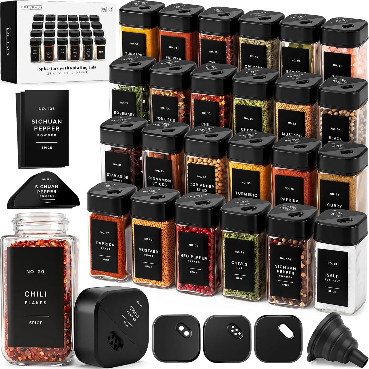 Glass Square Spice Jars with Label, 24x Black Sprinkle Lids