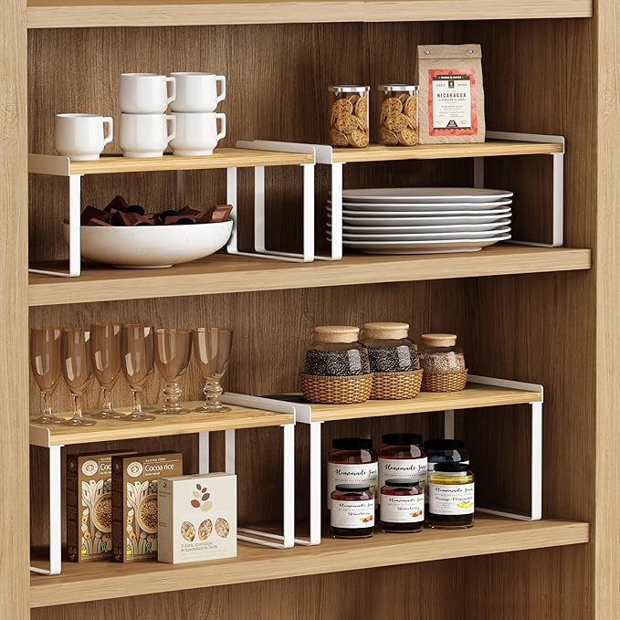 Goozii 4 Pack Stackable Cabinet Shelves Organizer, Shelf Rack with Anti-Fall Lips for Kitchen Pantry Coffee Bar Countertop Storage (Bamboo White)