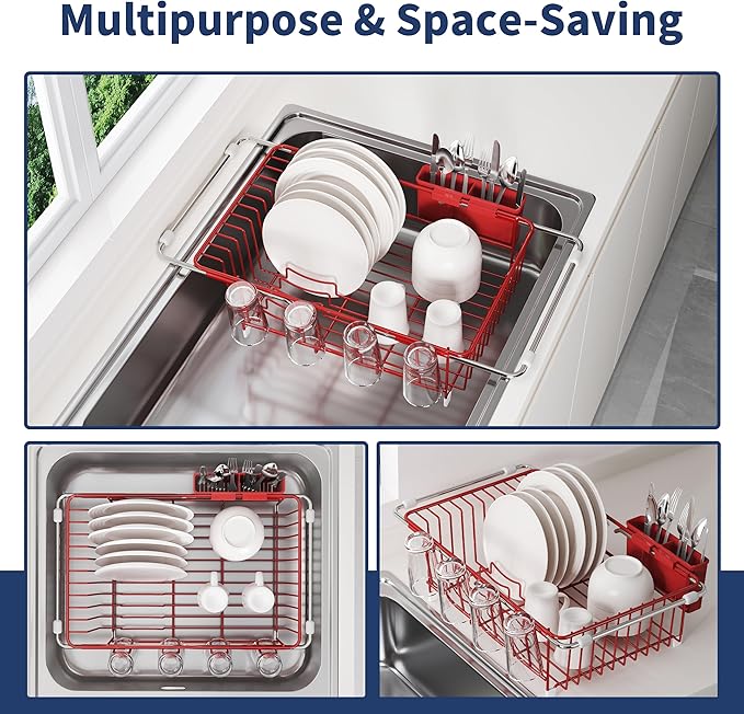 JASIWAY Red in Sink Dish Drying Rack, Expandable Stainless Steel Small Dish Rack Over Kitchen Sink, Plate Drainer Strainer with Utensil Holder & Cup Holders, Counter Space Saving Wire Dryer Rack