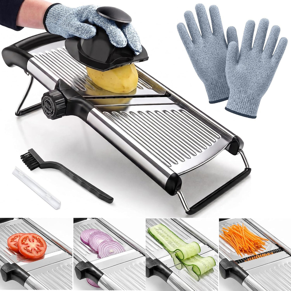 SAFI Mandoline Slicer for Kitchen, Adjustable 3-9mm Stainless Steel Vegetable Slicer with Julienne Blade, Non-Slip Base, Safety Hand Guard, Cut-Resistant Gloves & Brush – Potato, Onion & Fruit Cutter.