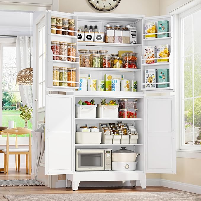 GAIOUS 74.8" Tall Metal Food Cabinet, White Kitchen Pantry Cabinet, Storage Cabinets with 4 Door and 4 Adjustable Shelves, Steel Freestanding Cupboard for Kitchen Dining Room Living Room Bathroom