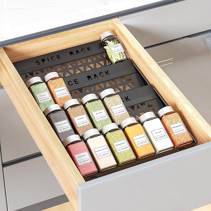 BOIVSHI Spice Drawer Organizer, 4 Tier Metal Spice Organizer for Drawer Insert, Spice Organization for Drawer, Kitchen, Countertop, Pantry (Jars Not Included)