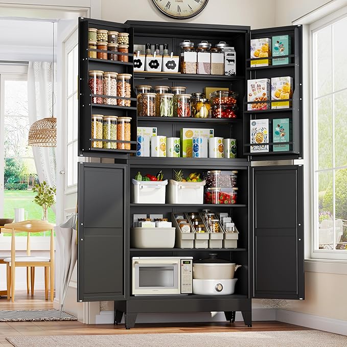 GAIOUS 74.8" Tall Metal Food Cabinet, Black Kitchen Pantry Cabinet, Storage Cabinets with 4 Door and 4 Adjustable Shelves, Steel Freestanding Cupboard for Kitchen Dining Room Living Room Bathroom