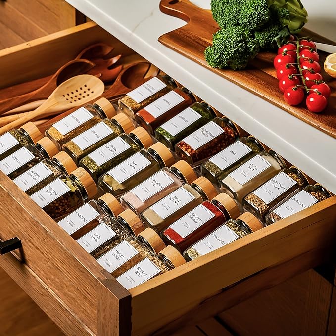 24-Piece Spice Jars Set by Le'raze: Glass Jars with Bamboo Lids, Labels & Funnel, Airtight Kitchen Storage