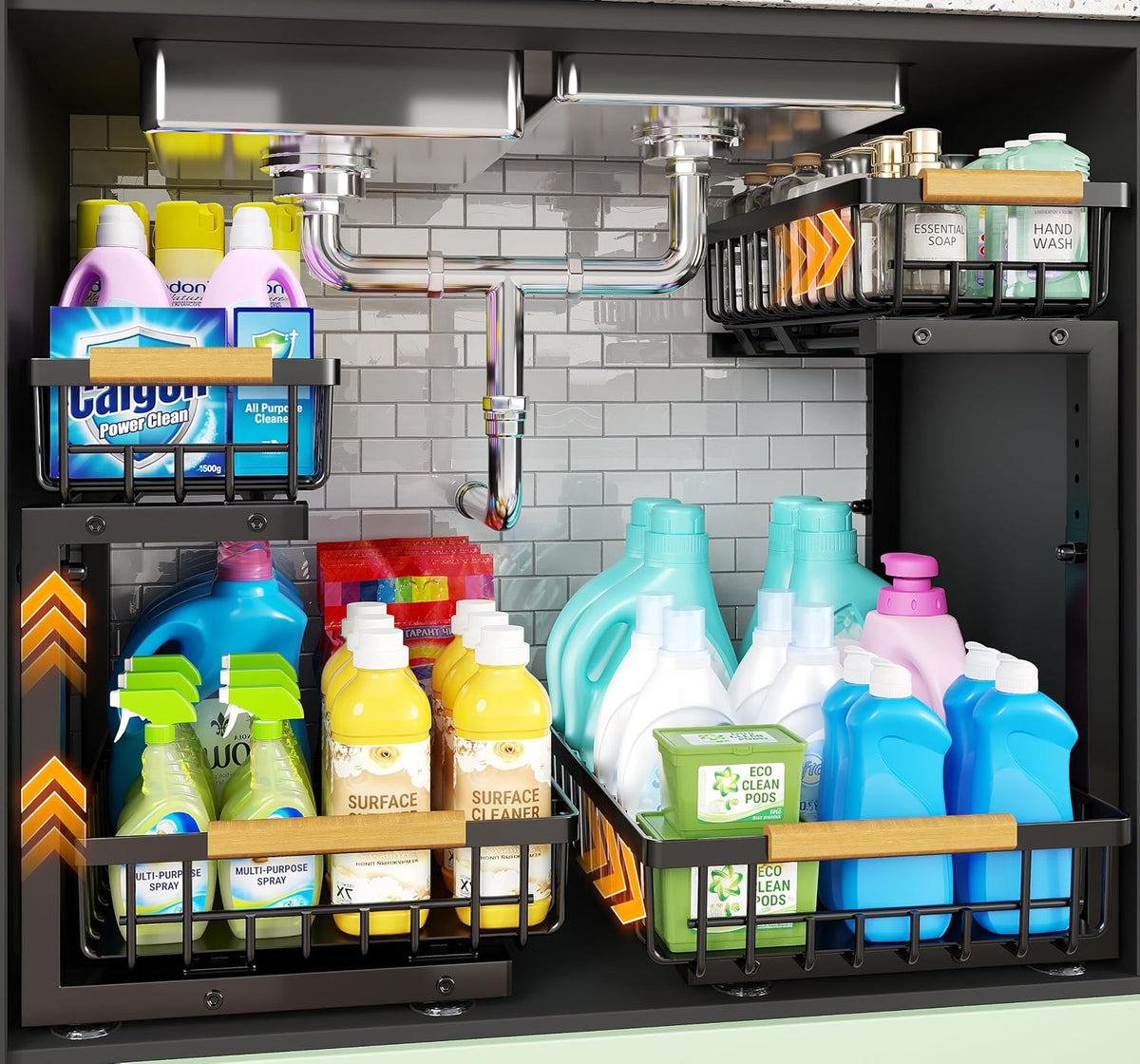 Under Sink Organizer 2 Pack,Adjustable Height 2-Tier Slide Out Drawer,Black