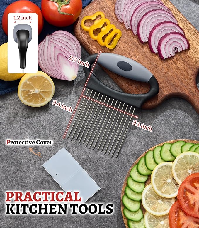Large Onion Slicer Holder, Stainless Steel Onion Holder for Slicing with 14 Sharp Prongs for Slicing of Tomato, Avocado, Vegetable Chopper Meat Tenderizer for Fruit Prep (CarbonBlack)