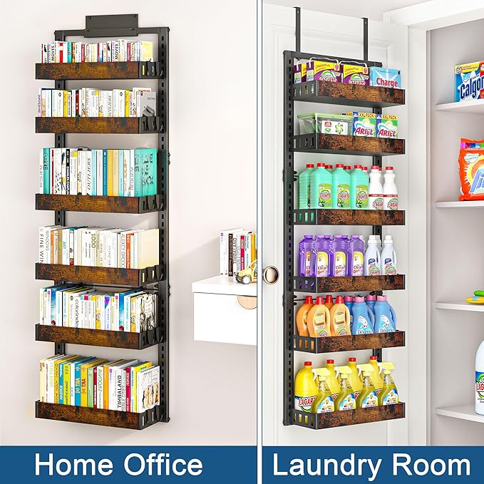 BUKFEN 6-Tier Over the Door Pantry Organizer, 2-in-1 Door Hanging or Wall Mounted Spice Rack, Heavy Duty Metal Storage Shelves with Adjustable Wooden Baskets for Kitchen Bathroom Closet