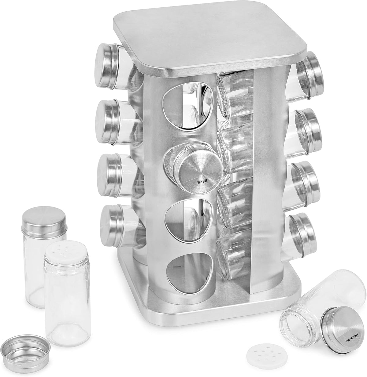 Revolving Spice Rack - Seasoning Storage with 16 Jars - Modern Stainless Steel Spinning Tower for Kitchen Countertop - Rotating Spice and Pantry Holder with Pre-Printed Labels - Square