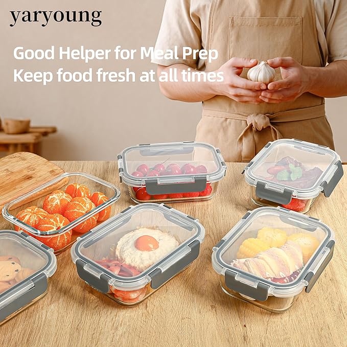 Glass Food Storage Containers 10 Pack - 22Oz Meal Prep Container Set with Lid, Airtight Snap Lock, Microwave Freezer Oven Dishwasher Safe, Lunch Box for Work, Grey