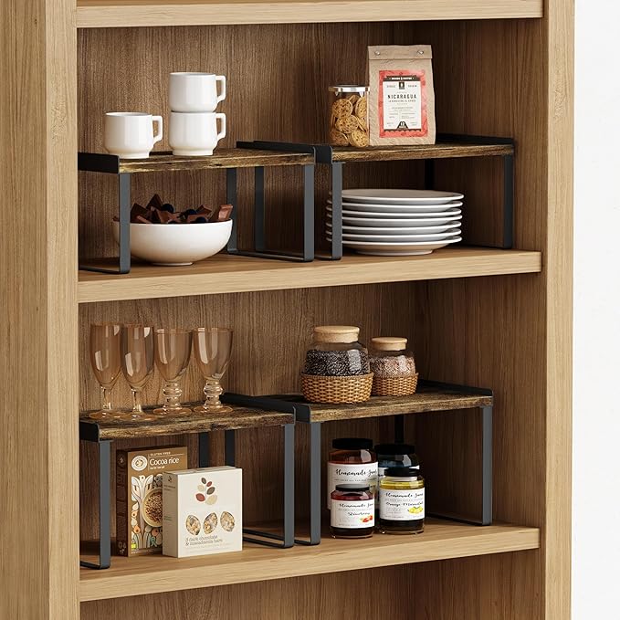 Goozii Kitchen Cabinet Organizers and Storage Shelves, Rustic Farmhouse Desk Shelf Riser for Cabinets, Black Expandable Corner Glasses Medicine Cabinet Organizer under Bathroom Sink - Set of 4