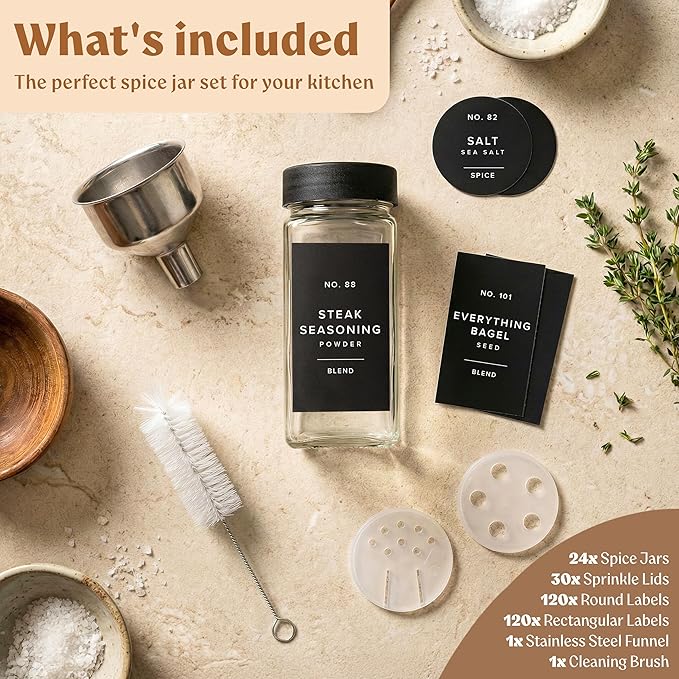 EDELHAUS Glass Spice Jars with Labels (24 x 4oz) Spice Containers with 240 Labels, Shaker Inserts, Funnel, Empty Square Empty Square Seasoning Organizer (Black Lids)