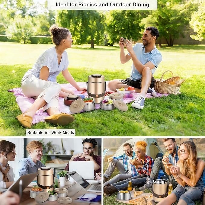 Pawovdeq 67 oz Adults Stainless Steel Vacuum Insulated Wide Mouth Soup Food Thermo Hot Food Jar with Keep Thermal Portable 3 Tier Stackable Bento Hot Food Containers Lunch Boxes (67 oz Gold)
