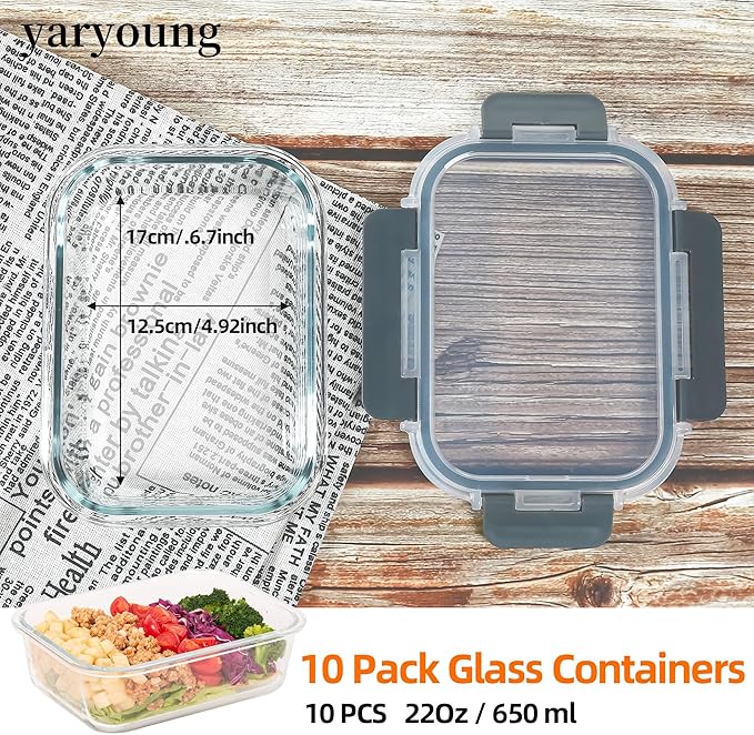 Glass Food Storage Containers 10 Pack - 22Oz Meal Prep Container Set with Lid, Airtight Snap Lock, Microwave Freezer Oven Dishwasher Safe, Lunch Box for Work, Grey