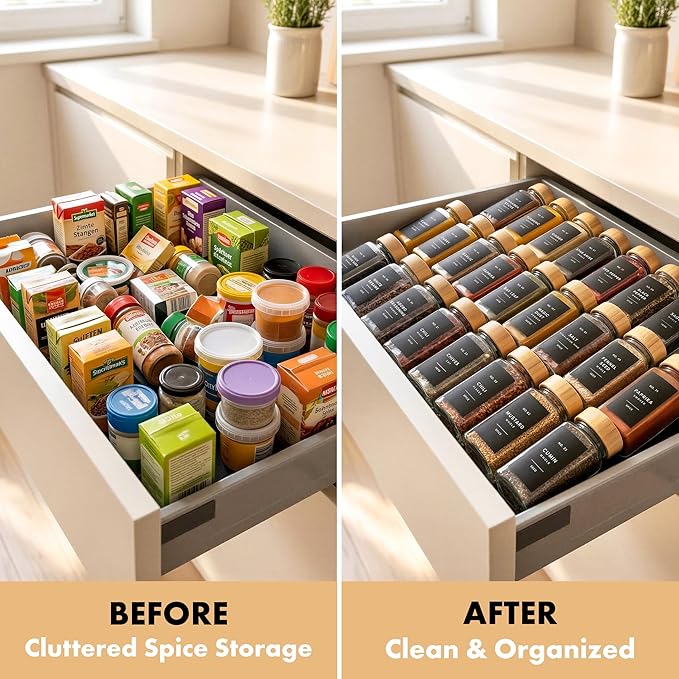 EDELHAUS® Square Spice Jars with Bamboo Wooden Lid (Pack of 24) Spice Jars with Shaker Insert and 240 Labels - Bamboo Lid Glass Container for Spice Organisation [4.3 in × 1.8 in]