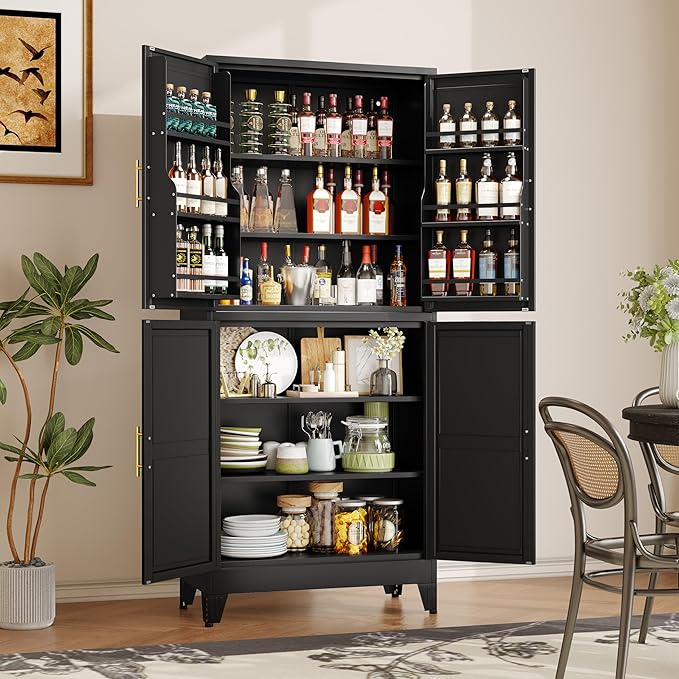 GAIOUS 74.8" Tall Metal Food Cabinet, Black Kitchen Pantry Cabinet, Storage Cabinets with 4 Door and 4 Adjustable Shelves, Steel Freestanding Cupboard for Kitchen Dining Room Living Room Bathroom