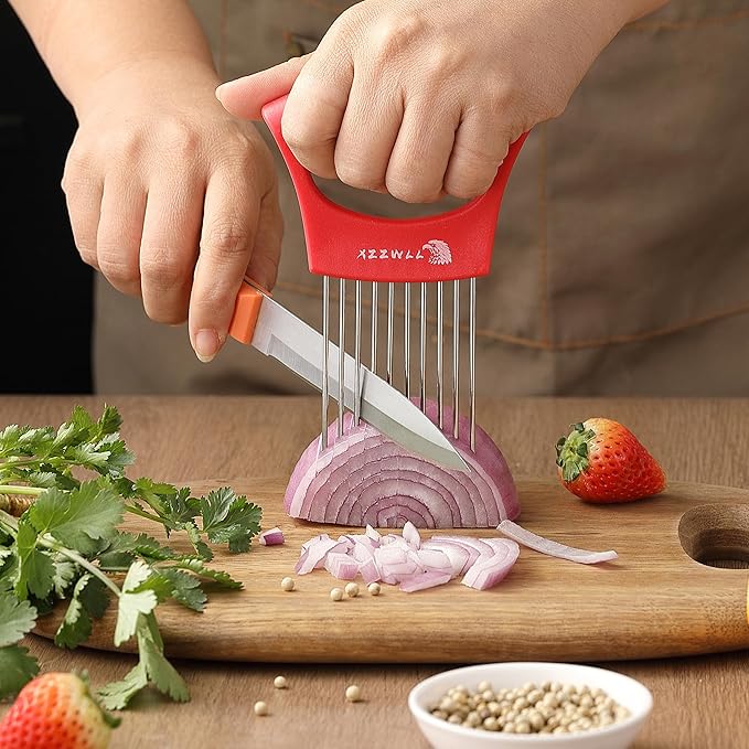 2PCS Onion Slicer Holder, XZZWLL Stainless Steel Onion Cutter for Slicing and Storage Onions, Tomato, Eggs and Vegetables, Protective Cover Included, Dishwasher Safe (Stylish Orange+ Red Color)