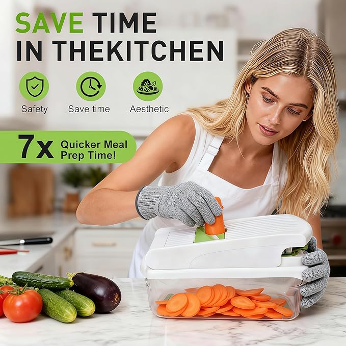 Mandoline Slicer for Kitchen, Vegetable Chopper with Adjustable Stainless Steel Blades, Fruit Slicer & Food Cutter for Potato, Onion, Cucumber, Carrot and Meal Prep, Easy to Clean