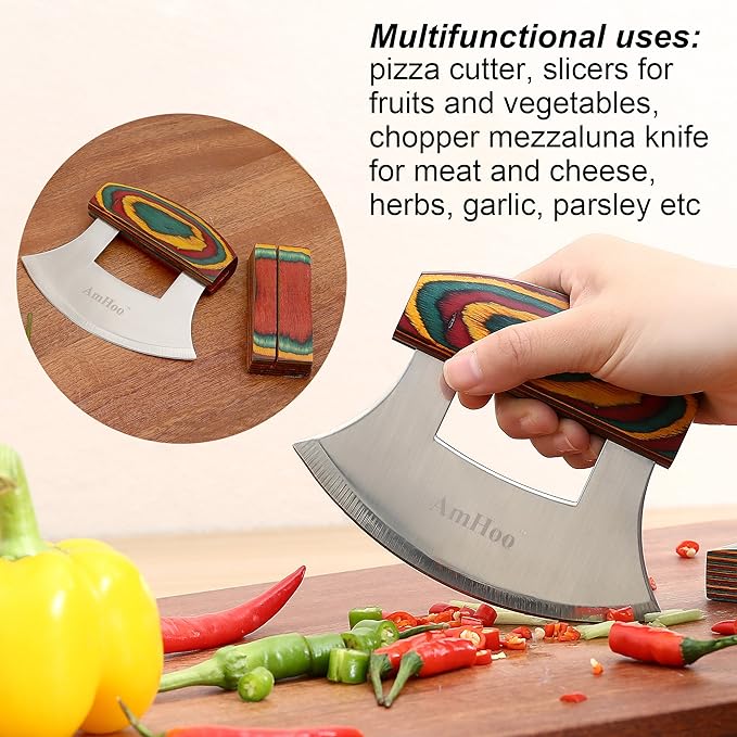 Amhoo Pizza Cutter Chef Mezzaluna Ulu Knife Handle Color Wood Grip Sharp Rocker Slicer Stainless Steel Blade Salad Onion Vegetable Chopper with Holder Base Christmas Gifts