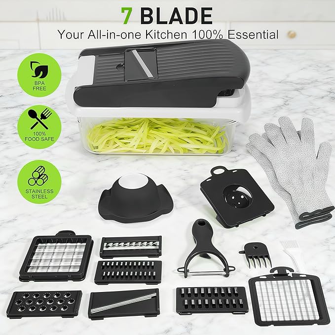 Mandoline Slicer for Kitchen, Vegetable Chopper & Dicer, Professional Food Slicer with Stainless Steel Blades, Safe Veggie Chopper for Onion Potato Carrot Fruit, Easy to Clean