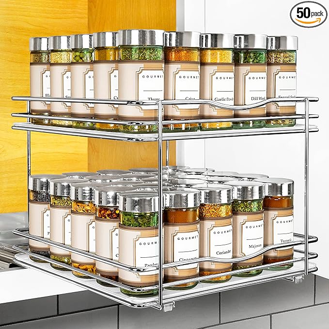 LYNK PROFESSIONAL® Pull Out Spice Organization for Cabinets - 10-3/8 inch Wide – Spice Rack for Inside Cabinets, Slide Out Spice Rack Organizer for cabinet – Pull Out Spice Rack, Sliding 2 Tier Chrome