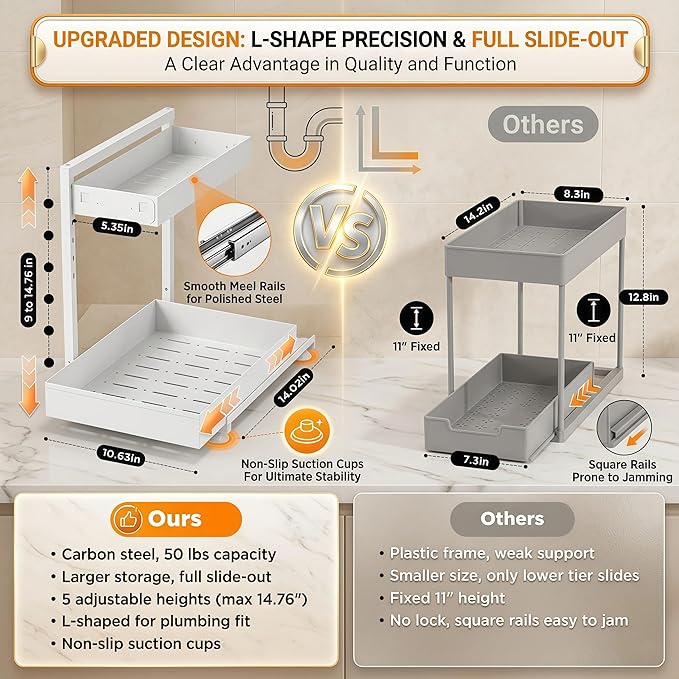 Under Sink Organizer, Kitchen & Bathroom Storage with L-Shaped Design Fits Around Pipes, 2-Tier Slide-Out Metal Drawer, Adjustable Height for Cabinet Laundry Organization (Cream White)