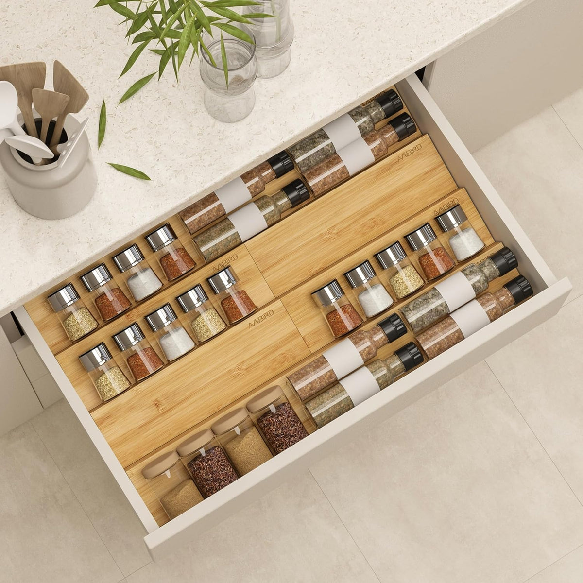 Bamboo Spice Drawer Organizer with Non-slip Mat,4 Tier - 2 Set Jar Spice Rack Tray From 9.5''to 19'', Seasoning Organizer for Kitchen,Cabinet,Drawers,Countertop