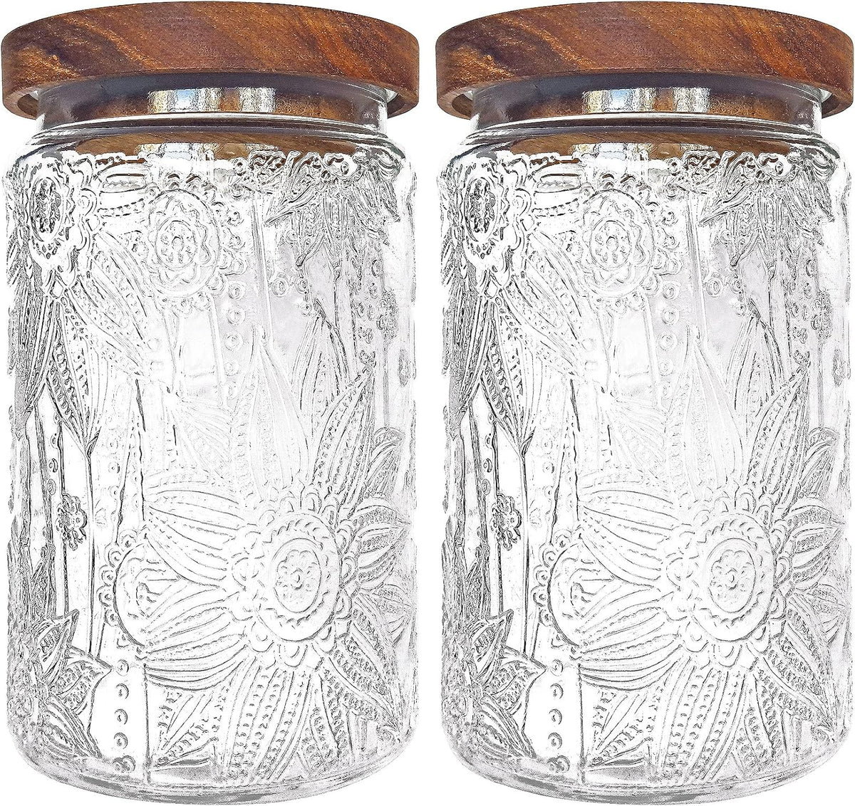 35oz/1000ml Glass Storage Jars with Nature Wood Lids, Airtight Food Storage Containers for Kitchen Organization, Large Capacity for Cookie, Pasta, Sugar, Flour, Cereal - Set of 2 （sunflower）