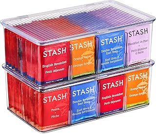 Tea Bag Organizer, 2-Pack Clear Bins with Removable Dividers