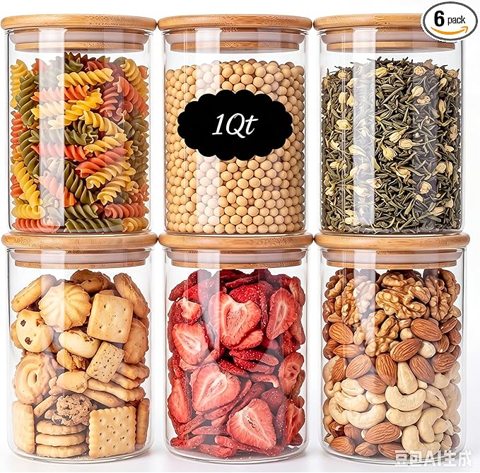6-Pack 1Qt Round Glass Storage Jars with Bamboo Lids, Pantry Storage Containers for Neat Organization, Ideal for Minimalist Kitchen Organizer, Nut, Coffee Beans, Oats, Cookie, Candy, Tea