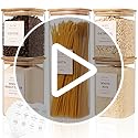 5 Pack Square Glass Pantry Storage Containers with 132 Kitchen Food Pantry Labels - Clear Glass Pantry Jars with Airtight Wood Bamboo Lids - Glass Canisters for Pasta, Cereal, Coffee, Flour, Sugar