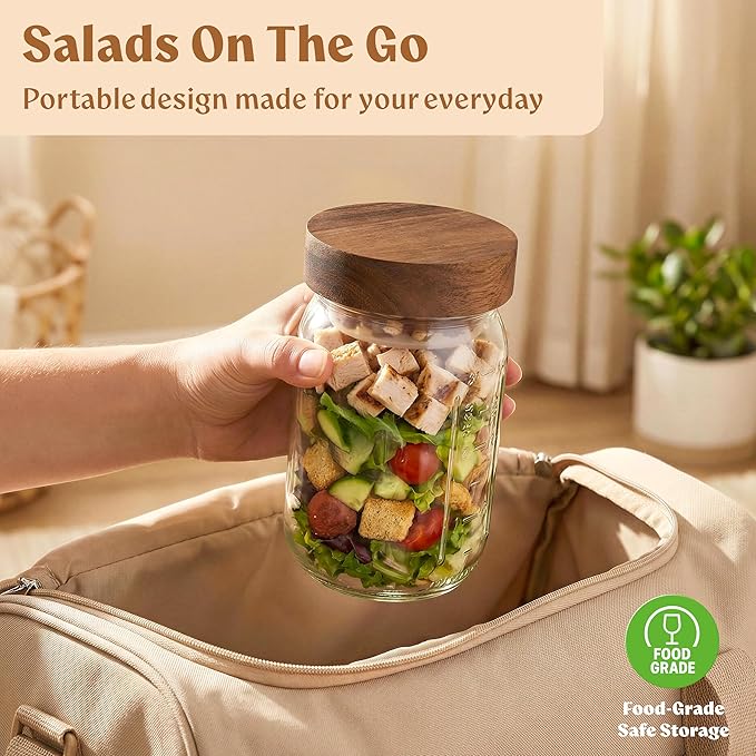EDELHAUS 4 Pack Glass Salad Jars with Wooden Lids for Meal Prep, Leakproof Container with Two Small Built in Cups for Wet/Dry Separation for Salad Dressing and Ingredients, 32oz Mason Jars (Acacia)