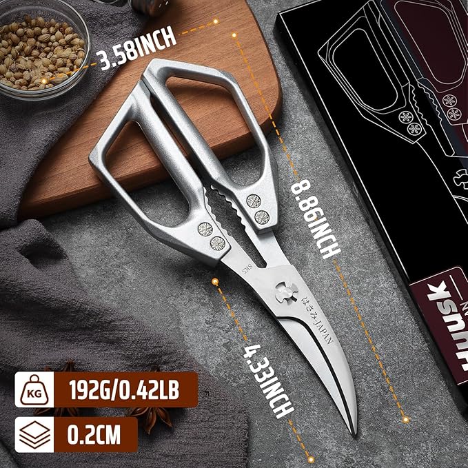 Huusk Seafood Scissors Silver - Stainless Steel Kitchen Shears Dishwasher Safe, Sharp Japanese-Style Kitchen Scissor for Crab, Shrimp, Lobster, Herbs and Food Prep, Gifts for Men Women