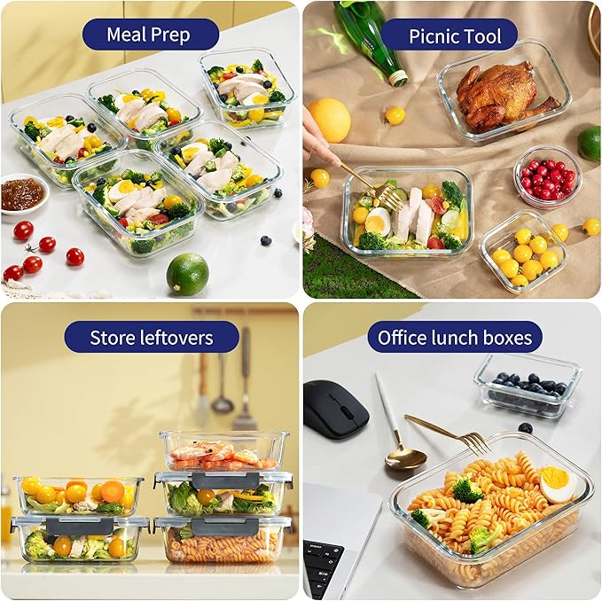 MFY 5-Pack 36 OZ Glass Storage Containers with Lids, Glass Meal Prep Containers Set, Airtight Lunch Containers with Lids, Microwave, Oven, Freezer and Dishwasher Safe, Gray