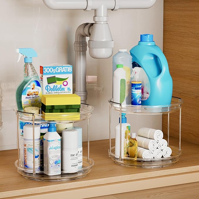 2 Tier Lazy Susan Turntable Organizer 9.25 inch, Rotating Spice Rack Organization for Cabinet, Bathroom, Pantry, Countertop, Kitchen, Vanity, Medicine Cabinet Organizer, Clear