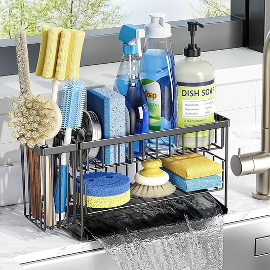 Cisily 2-Tier Kitchen Sink Caddy Organzier Rack with Flexible Dish Brush Holder