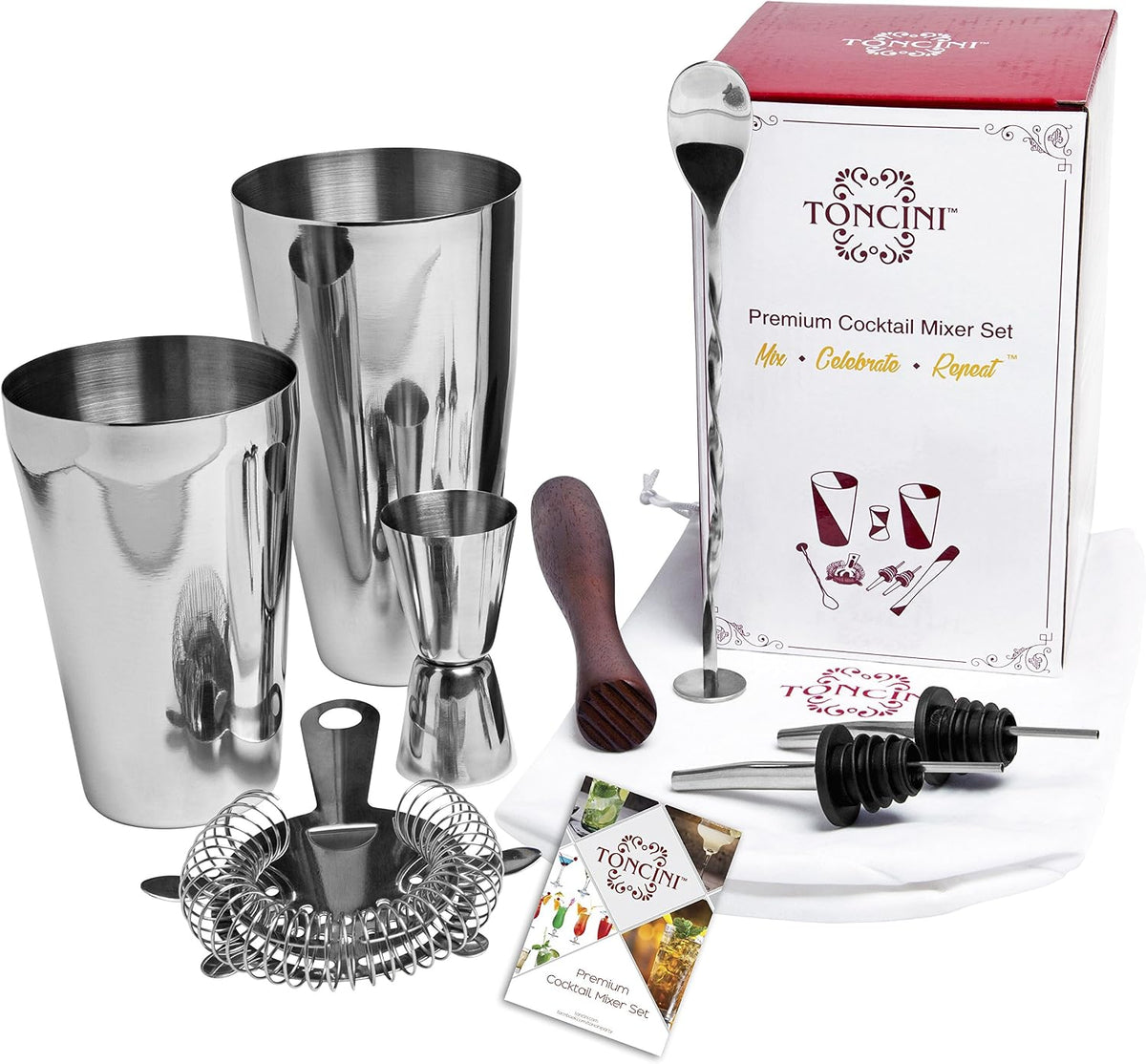 Professional Bartender Kit Cocktail Shaker Set | Bartending Tools & Accessories | Stainless Steel Martini Shaker, Strainer, Jigger, Pourers, Muddler, Mixing Spoon, Recipe Book & Velvet Bag