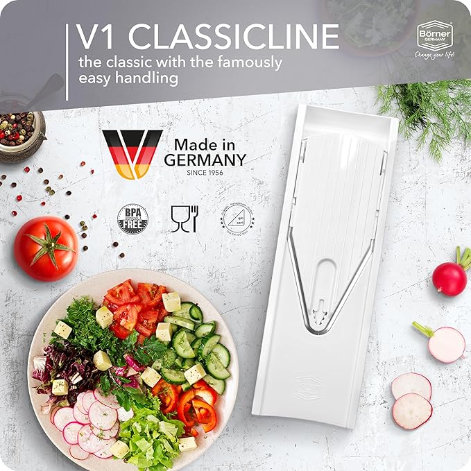Börner Mandoline Slicer V1 (Basis Set) • V-Slicer with 2 Inserts & Fruit Holder • Adjustable Kitchen Slicer for Vegetables & Fruits • Vegetable Cutter • 3 Thickness Settings • Color: White