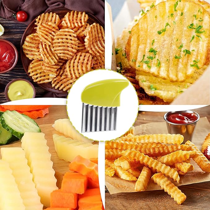 2 Pcs Crinkle Cutter for Veggies, Stainless Steel Wavy Cutter for Potato, Carrot, Chip, Vegetable, Butter, Lettuce (Green and Blue)