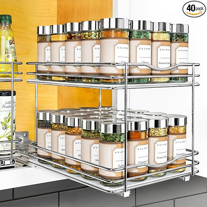 LYNK PROFESSIONAL® Pull Out Spice Organization for Cabinets - 8-3/8 inch Wide – Spice Rack for Inside Cabinets, Slide Out Spice Rack Organizer for cabinet – Pull Out Spice Rack, Sliding 2 Tier Chrome