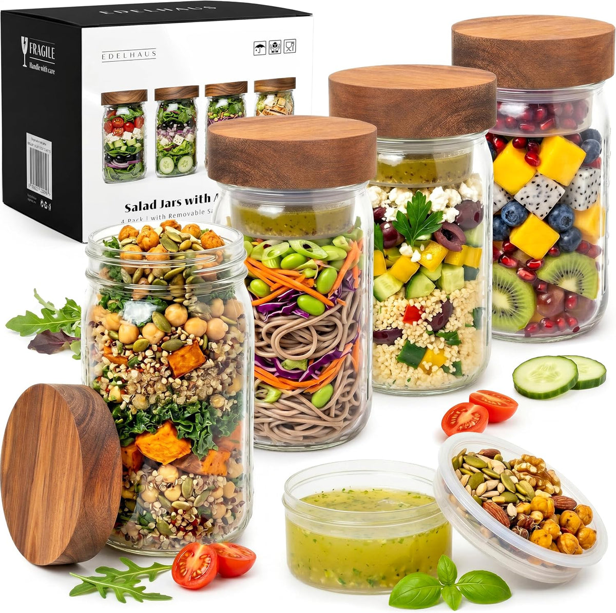 Glass Salad Jars with Acacia Lids, 4 Pack 32oz Meal Prep